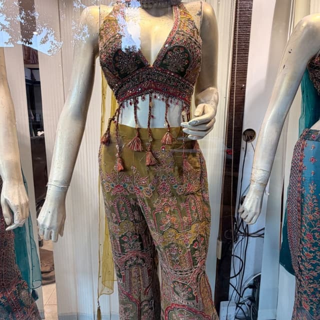 Mustard Yellow, Deep Green, Maroon, and Multi-color accents Sharara Set