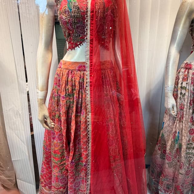 Red, orange, pink, green, gold Lehenga Choli