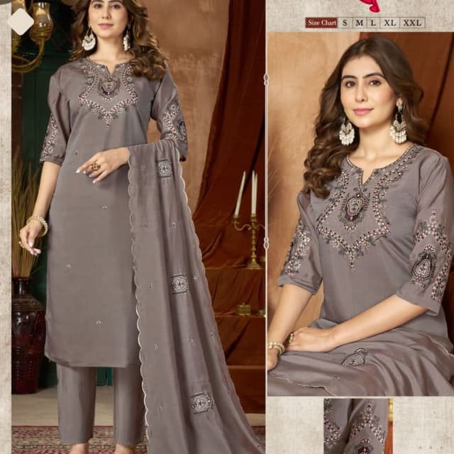 Dusty grey base with maroon, metallic silver, and dark purple accents Salwar Kameez Suit