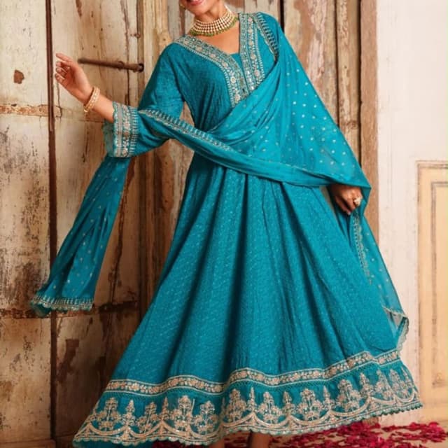 Teal blue with gold embroidery Anarkali Suit