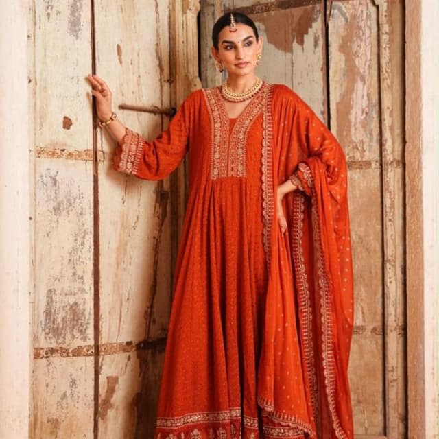 Rust orange and gold accents Anarkali Suit
