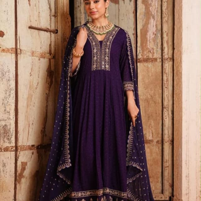 Deep purple with gold metallic embroidery Anarkali Suit Set