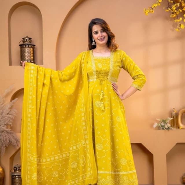Yellow and White Anarkali Kurta Set