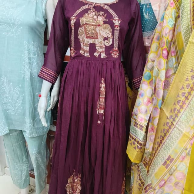 Deep purple/plum base with off-white and metallic gold accents Anarkali Kurta
