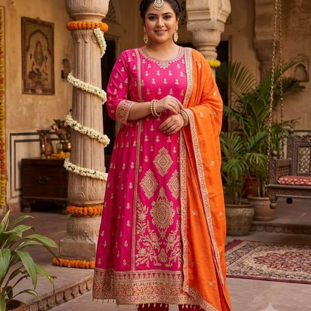 Hot pink, bright orange, and gold Anarkali Suit Set (Kurta, Pants, and Dupatta)