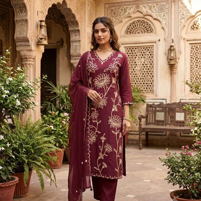 Deep maroon with gold embroidery Salwar Kameez Set