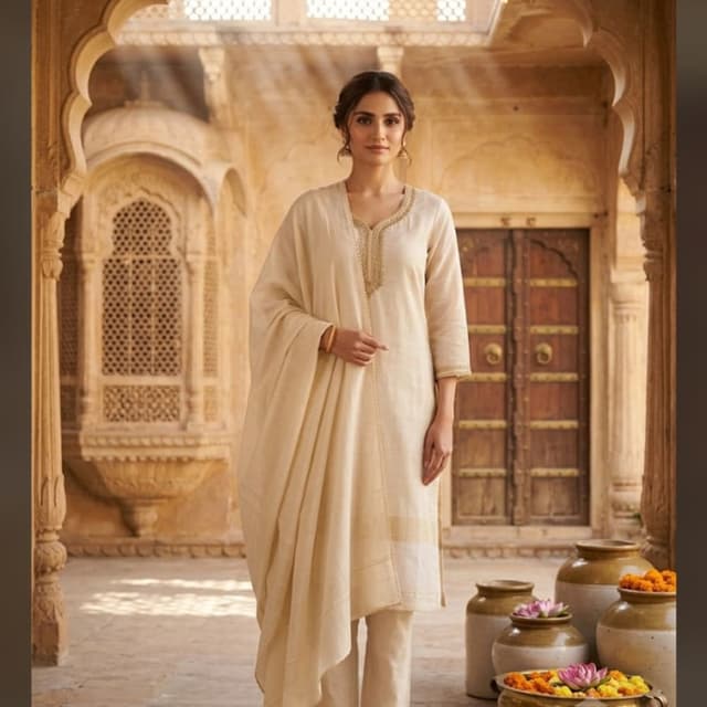 Off-white, Cream, Gold Salwar Kameez Suit