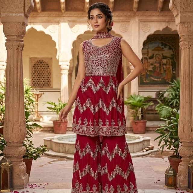Deep Red, Silver Sharara Set