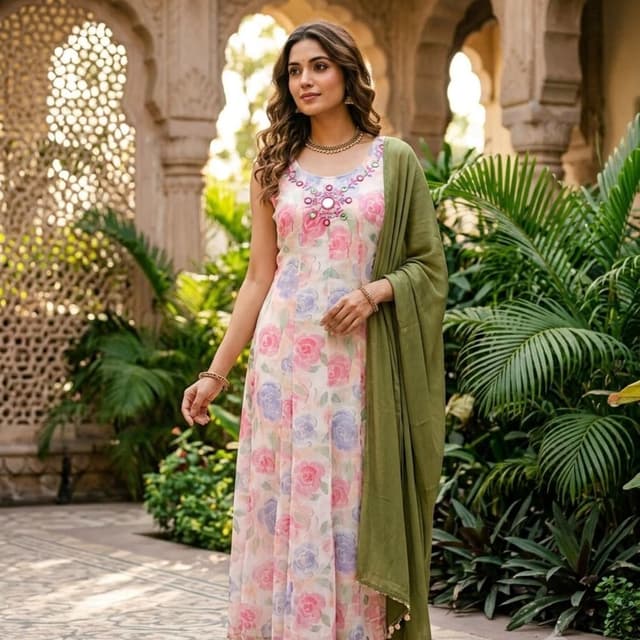 Off-white base with pink and lavender floral prints, paired with an olive green dupatta Anarkali Kurta set with dupatta