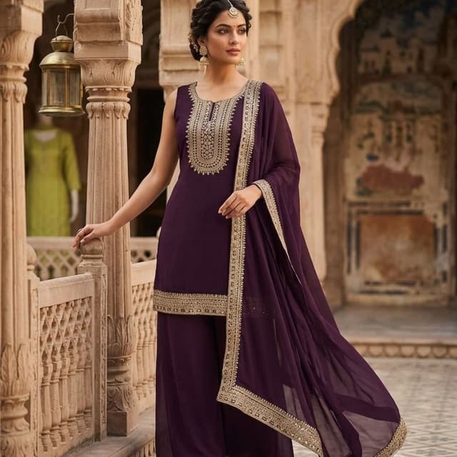 Deep Purple, Metallic Gold Salwar Kameez Suit