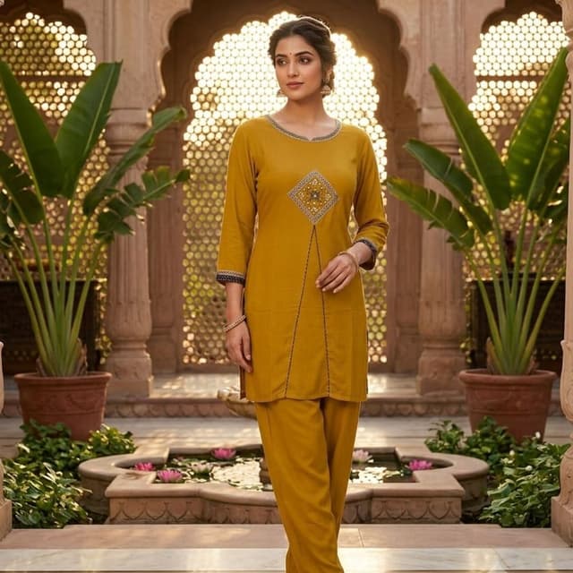 Mustard Yellow with accents of Navy Blue and White Salwar Suit Set