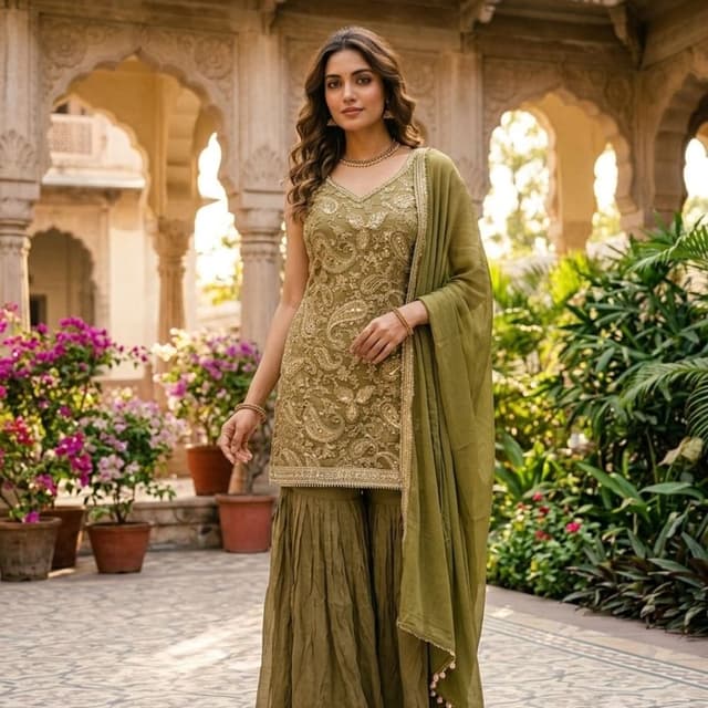 Olive green, Gold Sharara Set