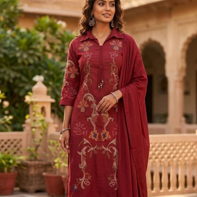 Deep maroon or burgundy with earthy floral thread accents Kurta Set with Dupatta
