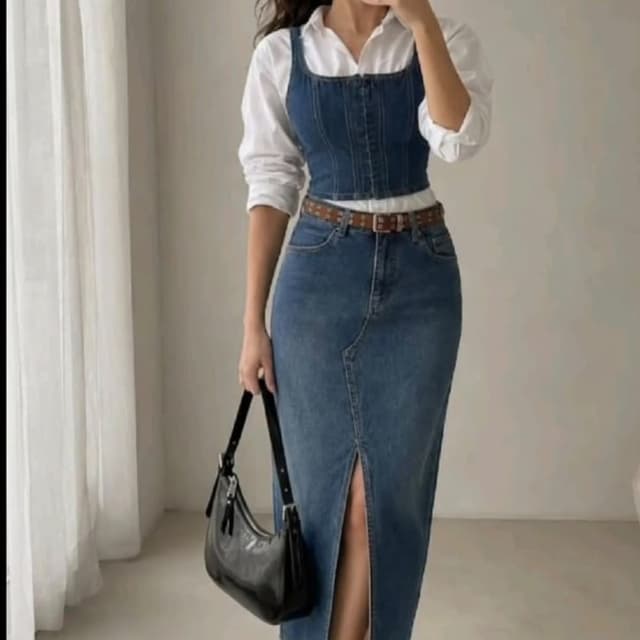 Blue (Denim) and White Two-piece set (Denim Corset Top and Denim Midi Skirt)