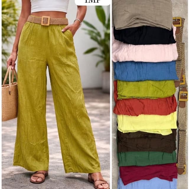Multi-color options including Olive, Beige, Black, Pink, Blue, Red, Yellow, Brown, Green, Maroon Wide-leg trousers
