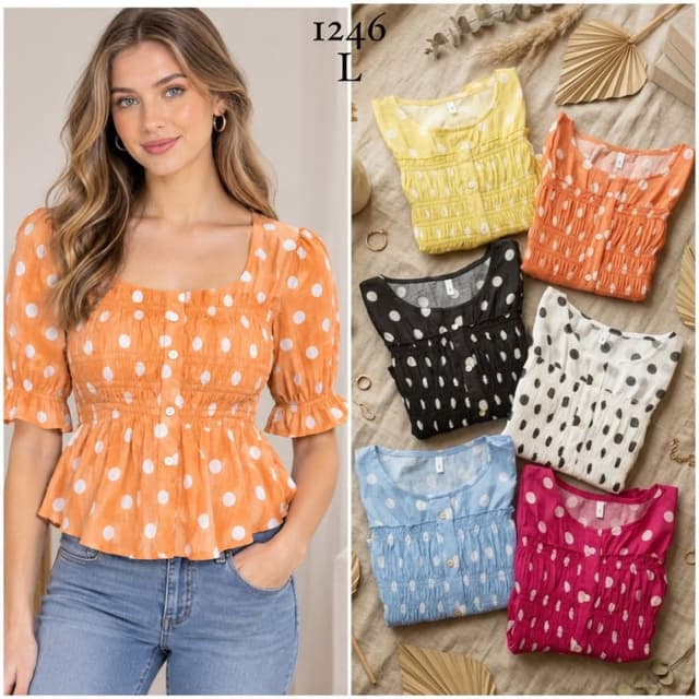 Multi-colored variants including Orange, Yellow, Black, White, Light Blue, and Pink, all with White polka dots Blouse