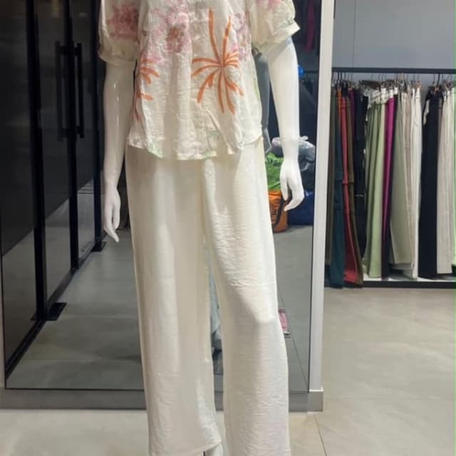 Off-white base with peach, pink, and soft green floral embroidery Co-ord Set