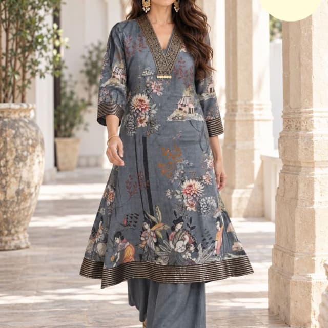 Grey, multi-color floral prints, metallic gold accents Kurta Set with Palazzo