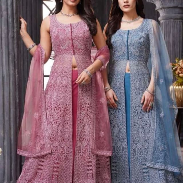 Dusty Pink, Deep Rose, Dusty Blue, Teal Floor-length Anarkali Suit with Slit Jacket