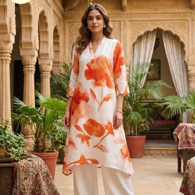 White base with orange/tangerine watercolor floral print Kurta set with wide-leg pants