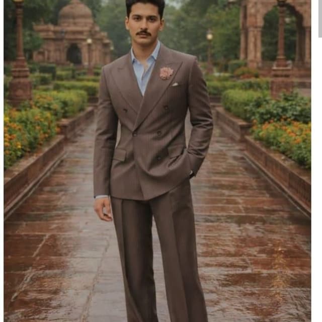 Brown, Light Blue Double-breasted Suit