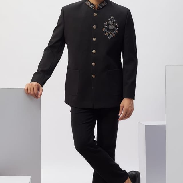 Black base with multi-colored thread work (blues, greys, and metallic accents) Jodhpuri Suit / Bandhgala