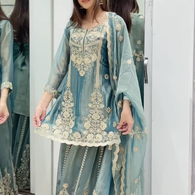 Dusty Teal, Beige, Cream Sharara Set