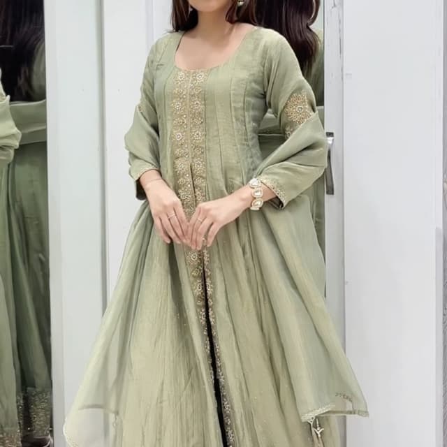 Sage green, metallic gold Anarkali Suit