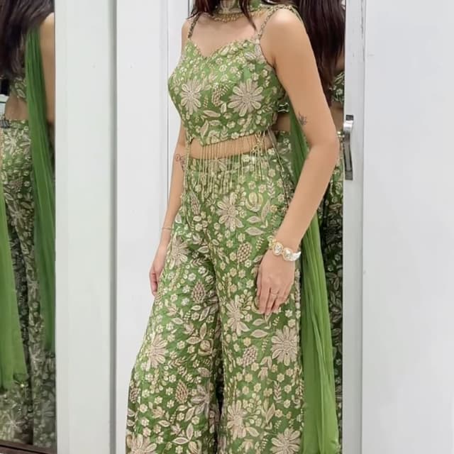 Olive Green, Cream/Beige Co-ord Set/Sharara Set