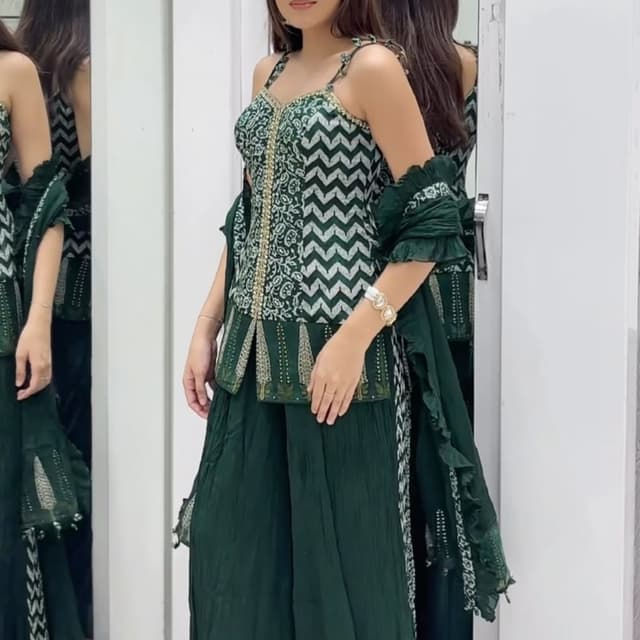 Deep Forest Green, White, and Gold accents Peplum Kurti with Sharara set