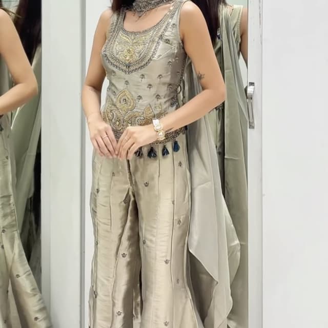 Champagne gold, muted olive grey, with accents of dark blue and silver Sharara Set