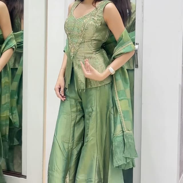 Olive Green, Sage Green Peplum Top and Palazzo Set with Dupatta