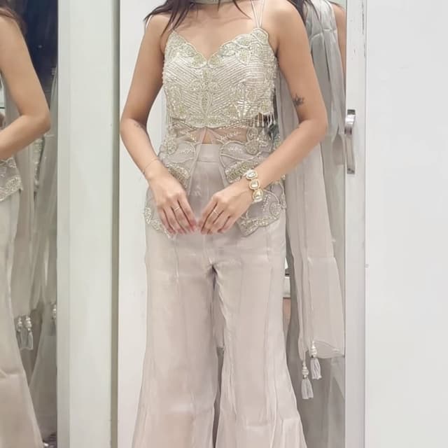 Champagne, Silver, Off-White Co-ord Set (Embellished Top with Wide-Leg Trousers)