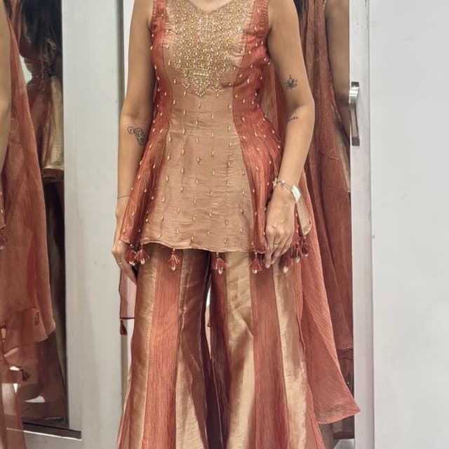 Copper, Burnt Orange, and Gold Peplum Top and Sharara Set