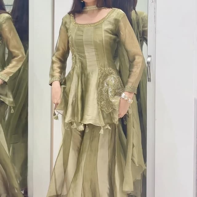 Olive green, muted metallic tones Peplum Kurti with Sharara set