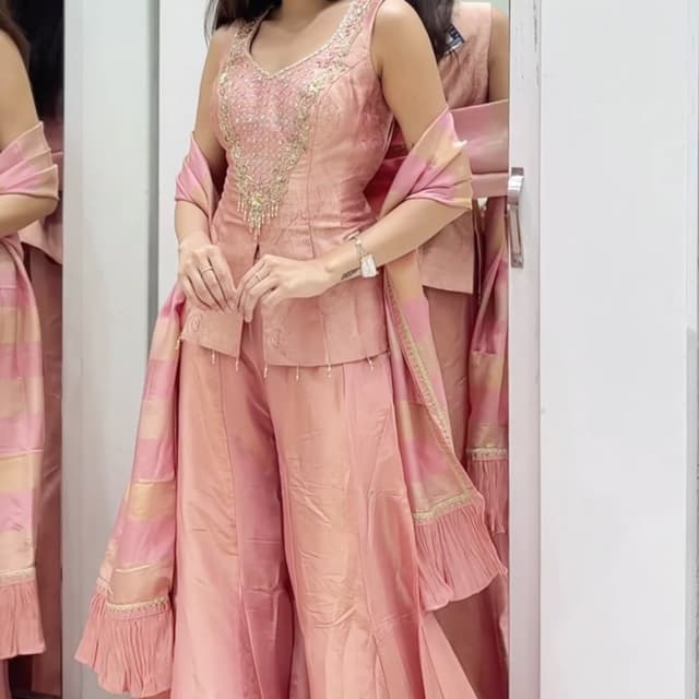 Dusty rose or soft pink with metallic gold accents Sharara Set