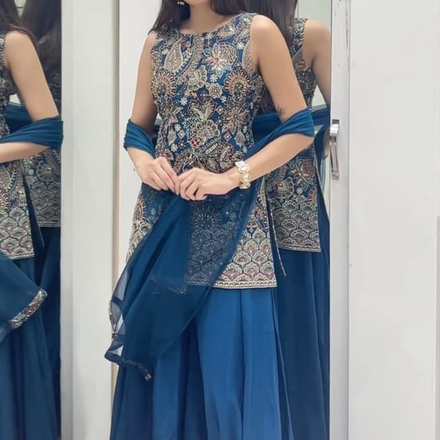 Deep Teal, Navy Blue, Multi-colored embroidery Sharara Set