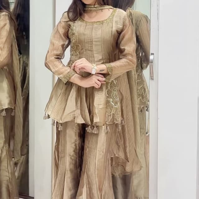 Metallic Gold, Bronzed Beige Peplum Kurti with Sharara set