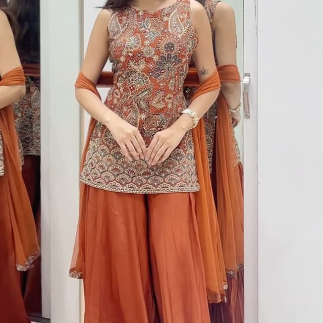 Burnt Orange, Rust, Multicolored embroidery Sharara Set