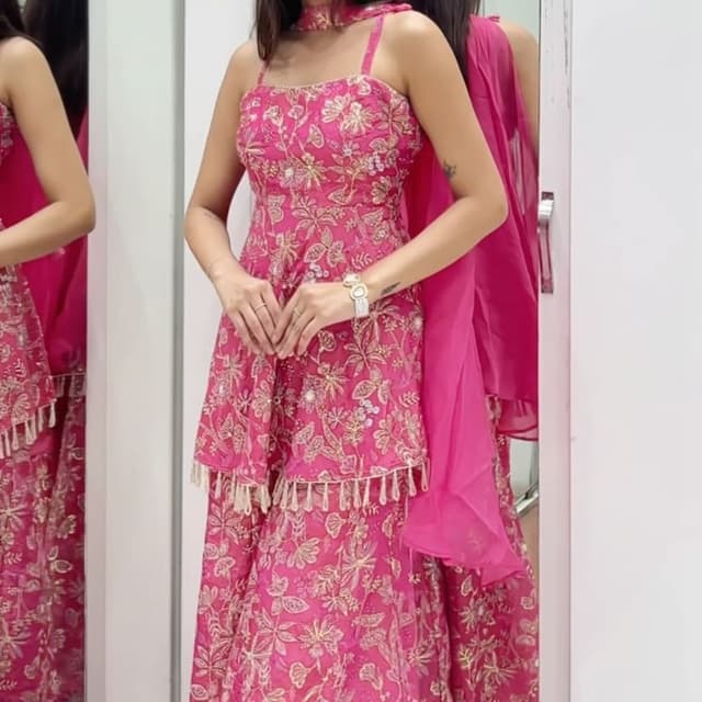 Hot pink, gold, and off-white/cream Sharara Set