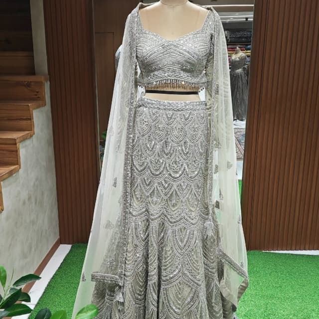 Silver, Off-white, Metallic Grey Lehenga Choli