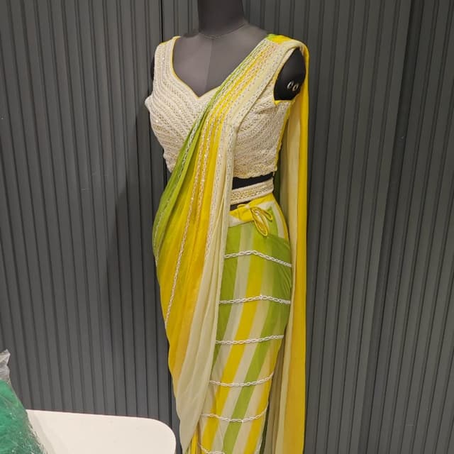 Yellow, Lime Green, White Saree