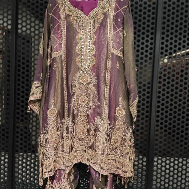 Deep purple and olive green iridescent, with gold and copper embroidery tones Kurti with matching trousers
