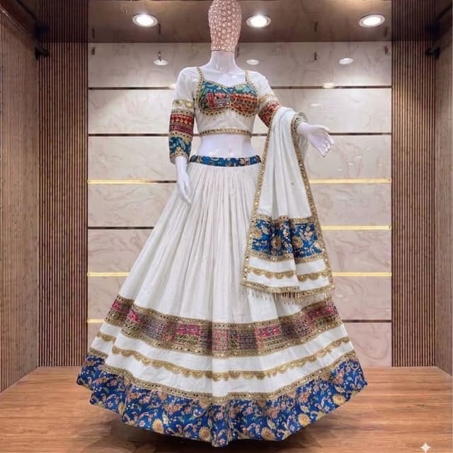 White, Royal Blue, Maroon, Gold, and Multi-colored accents Lehenga Choli