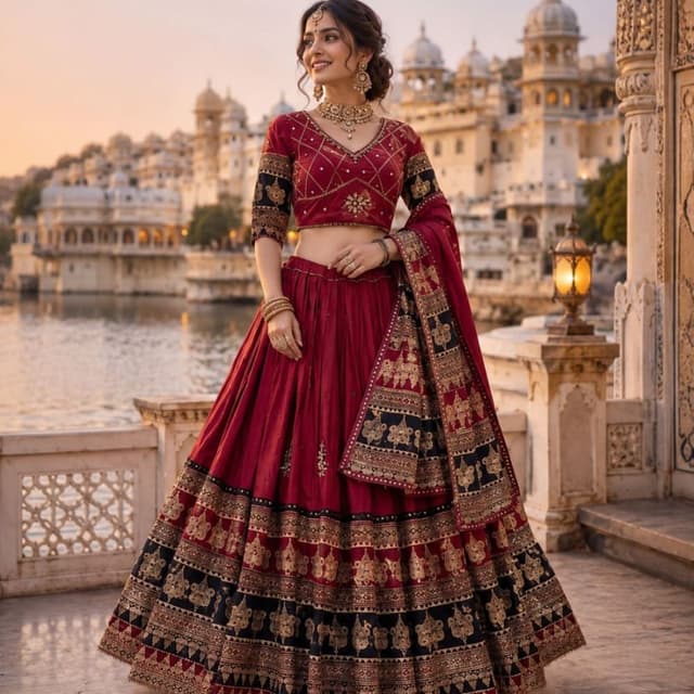 Deep maroon, black, and gold Lehenga Choli