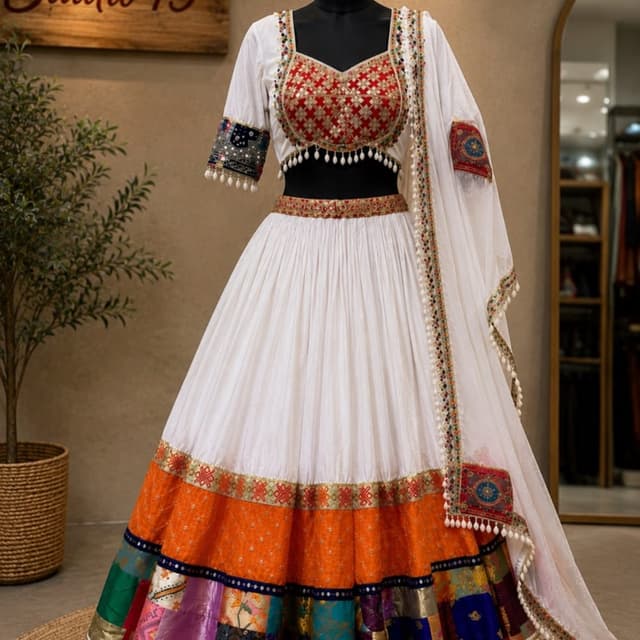White, Red, Orange, Gold, and various multi-color patchwork accents Lehenga Choli
