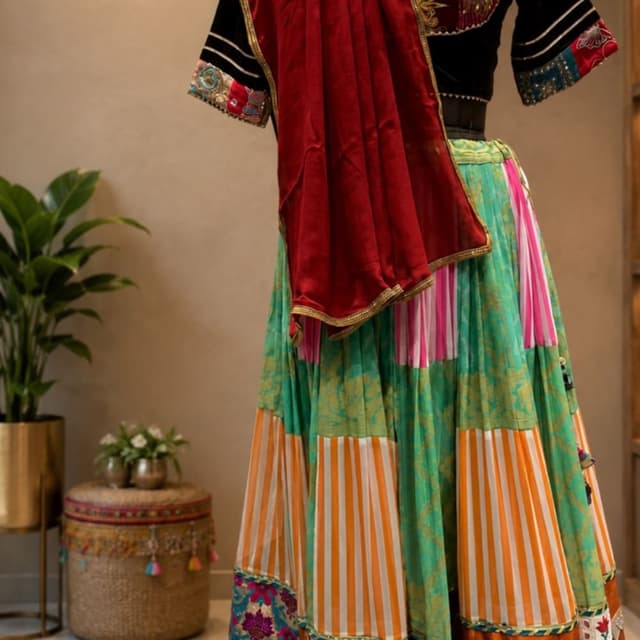 Multicolor featuring Green, Orange, Pink, Black, and Red Lehenga Choli