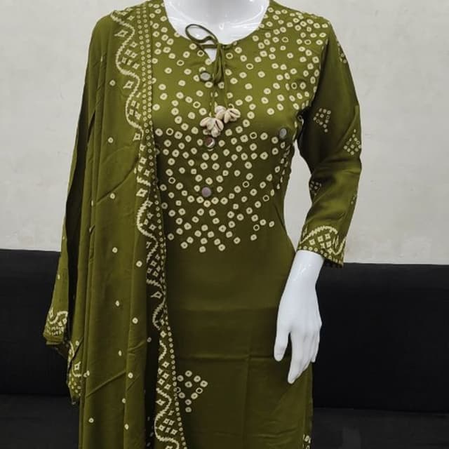 Olive Green and Cream Kurti with Dupatta