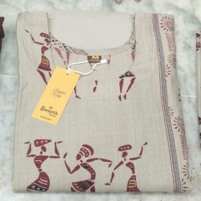 Beige base with maroon and black hand-painted style motifs Kurti