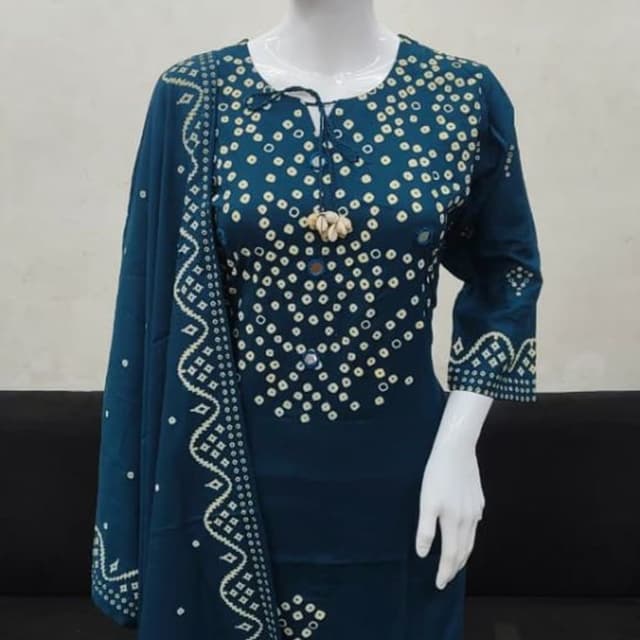 Deep Teal, White, Off-White Kurti with Dupatta